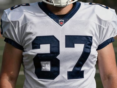 Close-up of a heavy-duty American football jersey showing reinforced tackle twill numbers and textured shoulder mesh under studio lights.