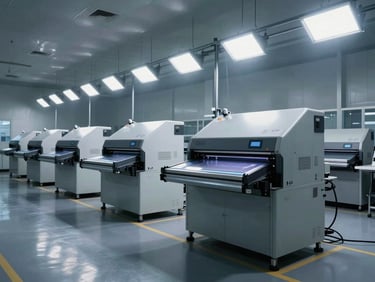 Wide panoramic shot of a modern cleanroom factory floor, high-capacity sublimation printers operating under dramatic overhead stadium-style floodlights, deep shadows.