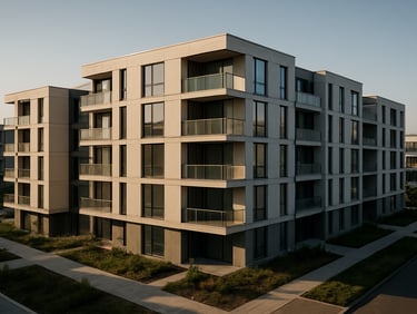 Aerial-perspective wide shot of a completed multi-unit residential development block, concrete and glass facade planes, early morning light, no people, no construction equipment