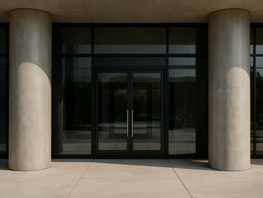 Wide shot of a completed commercial building entrance, polished concrete columns flanking glass doors, natural daylight, no people, no signage