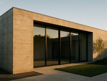 Wide shot of a completed private residence exterior, raw concrete wall meeting dark-framed glazing, afternoon sidelight, minimal landscaping visible, no people, no furniture staging