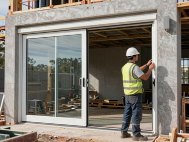 A commercial construction site in Canberra, showing a professional builder inspecting the installation of a massive uPVC lift and slide door frame.