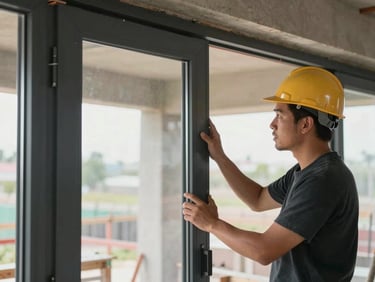 Architect at a modern construction site inspecting a newly installed heavy-duty charcoal uPVC door frame, natural light