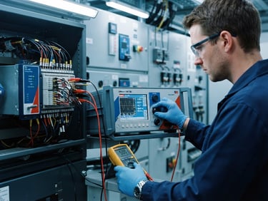 Industrial engineering photography, close-up of a technical specialist calibrating a protection relay with certified testing equipment, cool slate and blue tones, sharp focus, 35mm