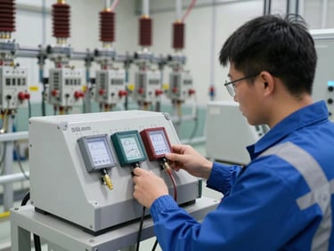 An electrical engineer in safety PPE operating a calibrated relay test set in a clean modern substation, technical lighting, 35mm