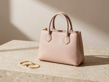 Minimalist composition of a luxury leather handbag and delicate gold bracelets on a warm travertine stone surface, soft directional sunlight, elegant shadows