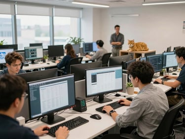 Wide-angle view of a bright open office, several team members at workstations, monitors showing dashboards and design files, yellow cat visible resting on a shelf in the background, candid afternoon light
