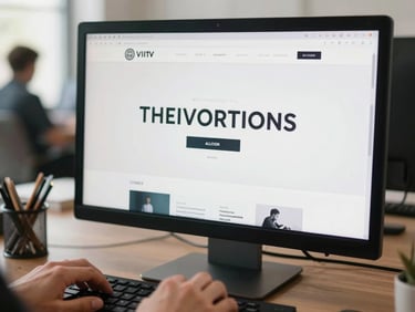 Close-up of a monitor displaying a sleek website layout with clean typography, hands at a keyboard in the foreground, bright office light, candid working moment