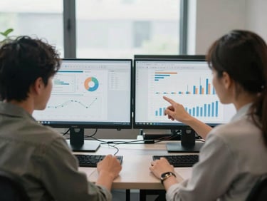 Two people at adjacent desks reviewing ad performance charts on dual monitors, natural window light, open-plan office, one person pointing at the screen, relaxed collaborative energy