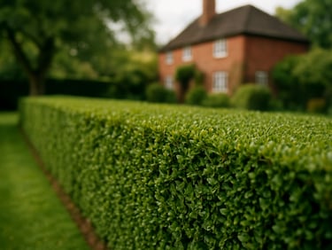 Close-up of a perfectly trimmed garden hedge edge, clean horizontal line, natural daylight, Oxford residential garden backdrop