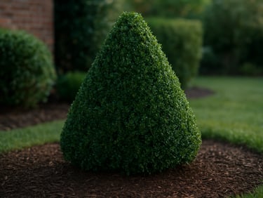 A shaped ornamental shrub in a residential garden border, clean pruned outline, surrounding mulch tidy, soft morning daylight