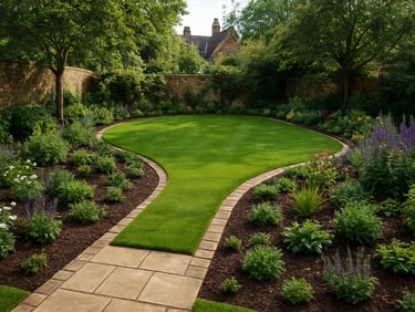 Wide shot of a completely overhauled Oxford garden, fresh lawn laid, new planting borders shaped, stone path edged cleanly, daylight showing the full finished space