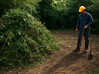 Garden clearance in progress, large green waste pile to one side, cleared ground visible, worker with tools in frame, natural daylight