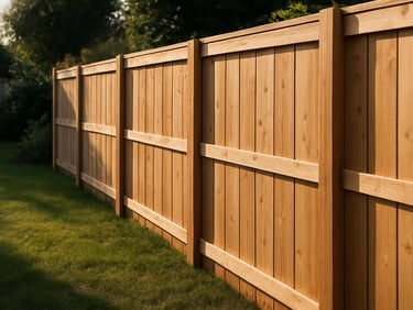 Newly laid timber fence in a residential garden, fence posts set straight in line, garden behind, afternoon daylight side-lighting the grain