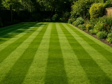 Wide shot of a freshly mowed residential lawn with crisp mowing stripes, garden borders visible, bright natural daylight