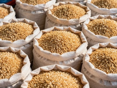 High-angle shot of various raw rice grains in open woven sacks, rich textures, warm golden daylight