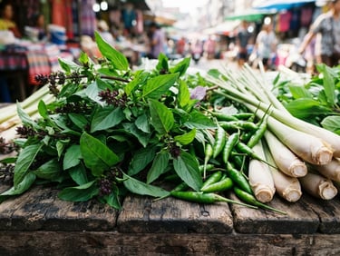 Vibrant close-up of fresh Thai basil, lemongrass, and green chilies on a rustic wooden surface in a bright market setting, sharp focus, 35mm