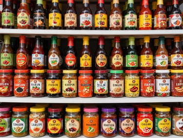 Stacked shelves of colorful authentic Asian sauce bottles and spice jars, structured grid, vibrant packaging, sharp focus