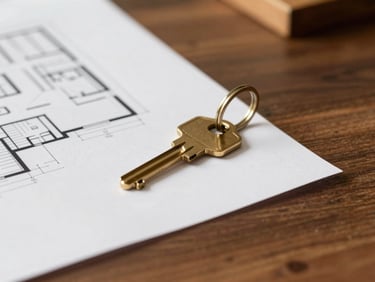 Close-up detail of a brass apartment key resting on a clean architectural floorplan on a dark wooden desk, warm side lighting, shallow depth of field.