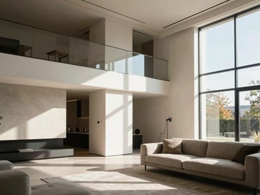 Sleek contemporary living room interior, large windows with natural afternoon light, high-contrast architectural detail, 35mm lens