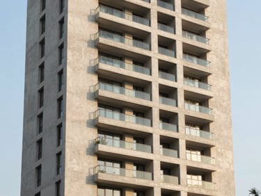 Sleek modern high-rise apartment tower in Kharadi, clean concrete lines, warm afternoon sunlight, architectural photography, 35mm lens.