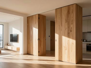 Sunlit modern apartment living room interior, clean wooden finishes, warm natural light, high-contrast editorial photography, 35mm lens.