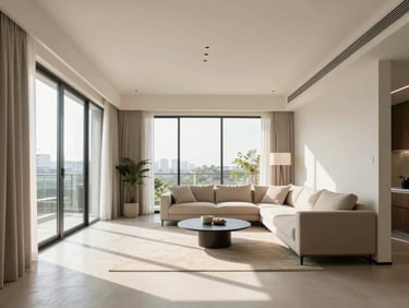 Clean, sunlit modern apartment living room in Kharadi, wide-angle straight-on perspective, bright natural afternoon sunlight streaming through large windows, minimalist furniture.