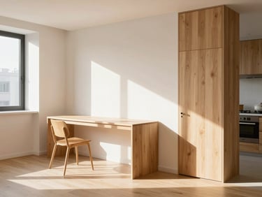 Bright sunlit modern studio apartment interior, clean minimalist furniture, warm wood finishes, afternoon sunlight, 35mm lens