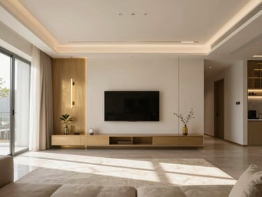 Sleek sunlit modern living room interior with warm gold accents, clean straight-on perspective, 35mm lens
