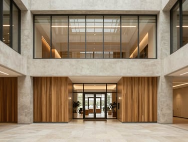 Straight-on architectural elevation of a modern commercial office lobby, clean concrete lines, fluted wood panels, warm diffused window light, 35mm lens.