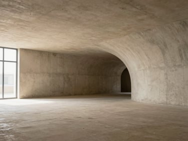 Raw concrete commercial shell, exposed wiring, dark unlit space, wide angle perspective.