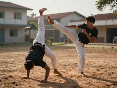 Natural outdoor morning light — two capoeira students mid-jogo on packed earth, one in a low esquiva, the other extended in a kick, both focused, the space around them open and community buildings visible in soft focus behind
