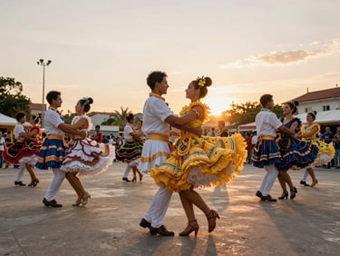 Golden-hour outdoor light, wide environmental — a quadrilha ensemble in full June festival costume mid-performance, the choreography captured at the moment of a synchronized turn, the plaza and evening sky visible behind the group, no one looking at the camera