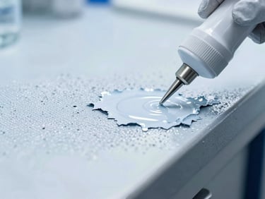 Close-up macro shot of chemical paint removal process on a textured metal surface, pristine metallic layer emerging beneath peeling paint, bright clinical laboratory lighting, sharp focus, cool blue tones