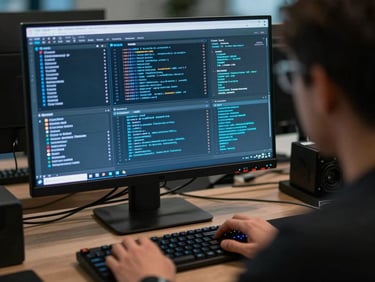 Over the shoulder view of a developer looking at a dark monitor displaying real-time SIEM dashboards and terminal commands under a cool blue glow, mechanical keyboard in focus