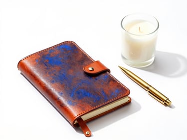 Crisp studio shot of a leather journal, a soy candle in a glass jar, and a brass pen arranged neatly on a white surface with sharp shadows