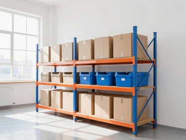 A bright, clean environment of a modern distribution hub, with organized shelves and crisp natural sunlight streaming through high windows.