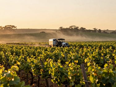 Wide environmental shot of structured vineyards in Jundiaí during golden hour, morning mist rising, soft warm light, shallow depth of field.