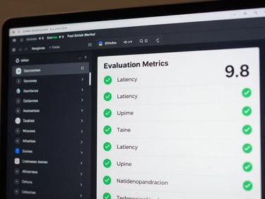 A dark mode developer dashboard showing a structured checklist of AI tool evaluation metrics, green checkmarks next to latency and uptime, and a final utility score of 9.8 in a crisp monospace font.