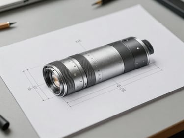 Tight detail shot of a design registration drawing sheet showing product orthographic views, pencil annotations on the margin, placed on a light grey drafting surface, diffused studio light