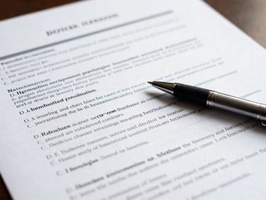 Close-up of a patent application draft on a desk, dense claim language visible, a pen resting across the page, overhead natural light, tight framing