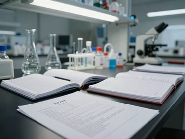 Wide environmental shot of a laboratory bench with research notebooks open, glass equipment in background, a printed PCT form in foreground, overhead fluorescent light, documentary framing
