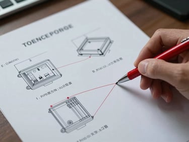 Tight detail shot of a technical patent specification page with annotated drawings, a hand holding a red pen marking up the text, desk surface visible at edges, cool overhead light