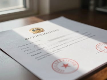 Close-up of a trademark registration certificate spread flat on a desk, official seal partially visible, natural window light from the left, minimal surrounding clutter