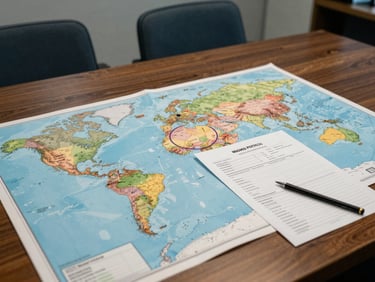 Wide shot of a world map printout on a meeting room table, several jurisdictions circled in pencil, a Madrid Protocol filing form alongside it, cool overhead office light
