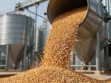 Bulk golden grain feed flowing into a modern storage silo, crisp lighting, industrial scale.