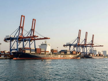 Wide-angle environmental shot of modern cargo vessels docked at a deep-water Dubai port under crisp daylight, massive container cranes framing the horizon.