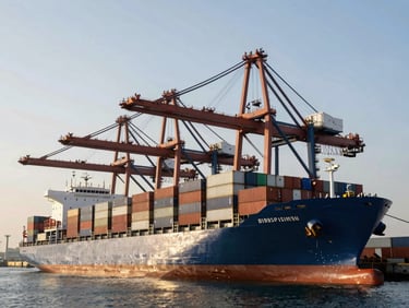 A massive container vessel docked at a modern Dubai port, towering cranes, crisp morning light, high contrast