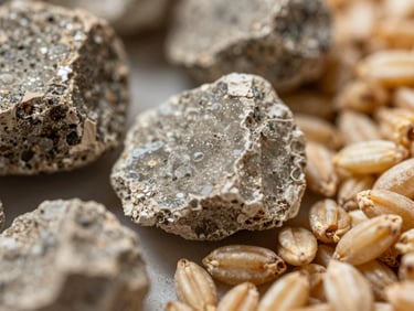 Macro close-up of raw industrial minerals and agricultural grains showing pure texture and quality under sharp daylight