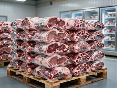 Clean modern cold-storage facility showing professionally packaged wholesale meat cuts stacked on pallets under cool-toned lighting
